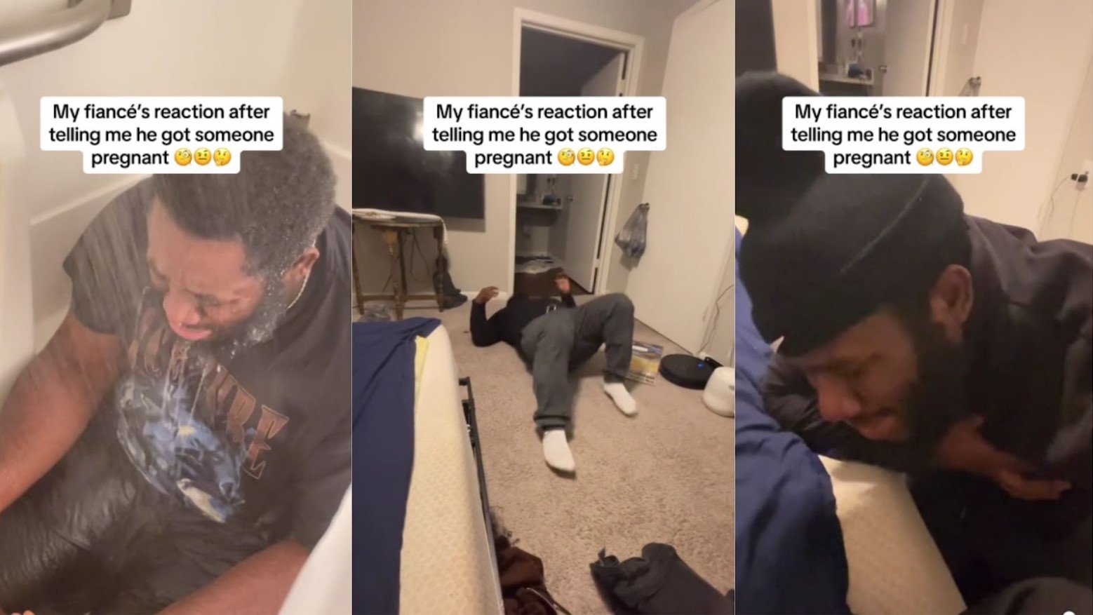 Three screenshots from a TikTok video by @royalandwavey of a man crying with the text “My fiance’s reaction after telling me he got someone pregnant”