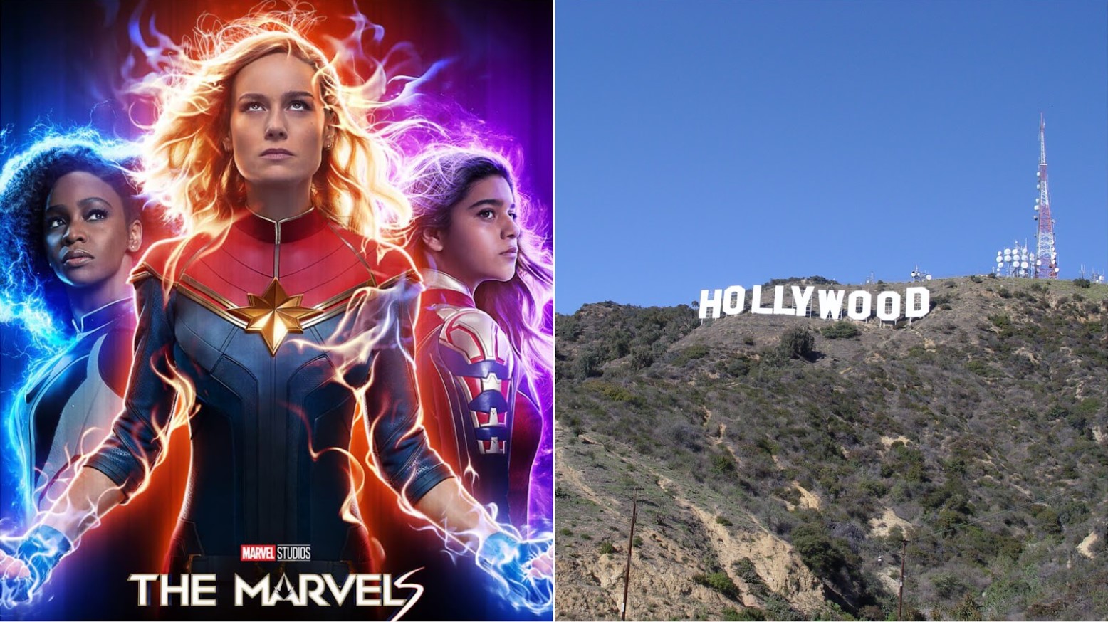 The Marvels Movie Poster and a picture of Hollywood