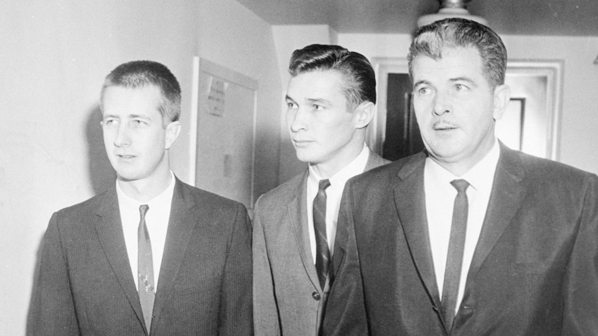 The three suspects in the Frank Sinatra Jr. kidnapping are shown in court 1/20. (L-R) Barry Keenan, 23, Clyde Amsler, 23, and John Irwin, 42. Attorneys for the three men charged with the 12/8/63 kidnapping of Sinatra Jr. pulled out all stops 1/20 in legal skirmishing for what promises to be a colorful and heated trial.
