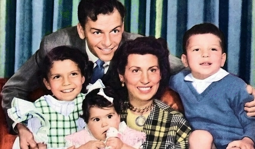 A family portrait of Frank Sinatra, his first wife Nancy Barbato Sinatra, and their three children: Nancy, Tina, and Frank Jr..