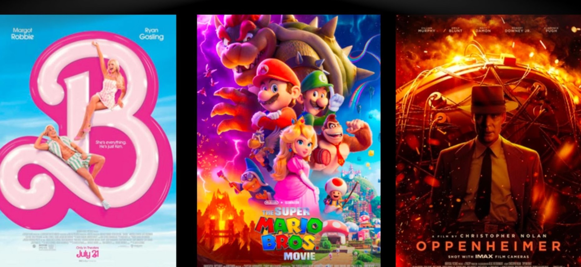 Barbie, Super Mario Bros. and Oppenheimer are pictured from left to right, titled with “The Top Grossing Movies of 2023: Revealed.”