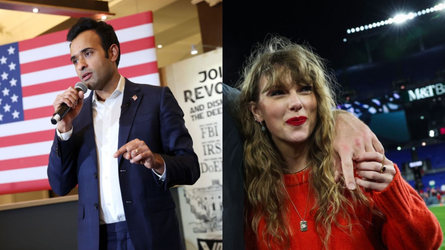 Vivek Ramaswamy gives a speech at the Surety Hotel in Des Moines, Iowa/Travis Kelce of the Kansas City Chiefs NFL team pictured alongside his girlfriend Taylor Swift