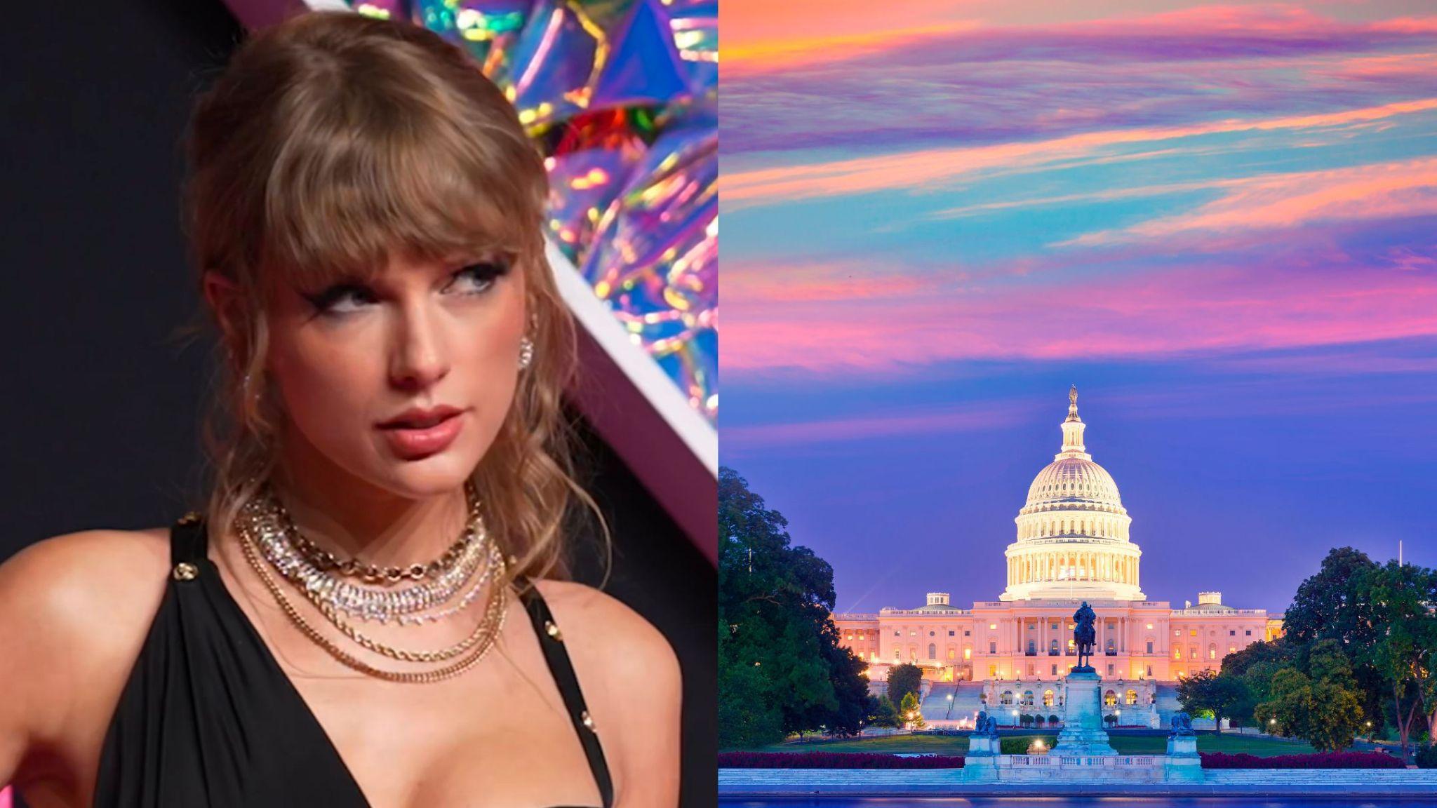 Taylor Swift (left) shown next to Capitol Hill (right).