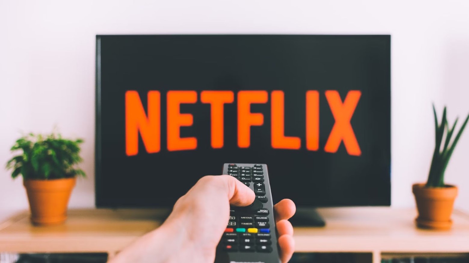 Netflix loading on a TV screen with a person holding a remote pointing at the TV. The TV is on a TV stand and has a plant on either side of it.
