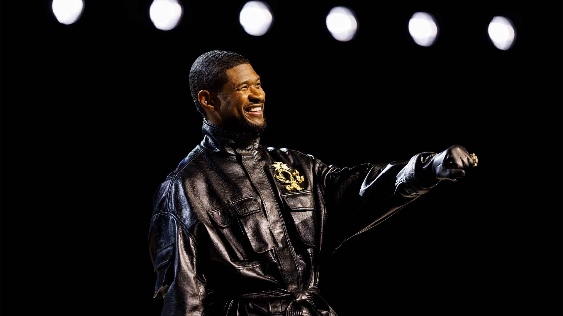 Usher poses for a photo after the Super Bowl LVIII Pregame & Apple Music Super Bowl LVIII Halftime Show press conference at the Mandalay Bay Convention Center