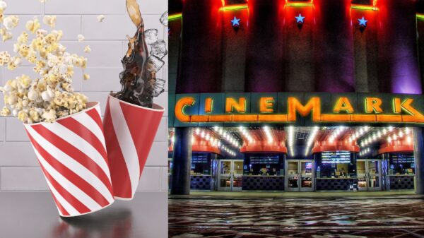 Movie theater concessions next to a Cinemark theater at night