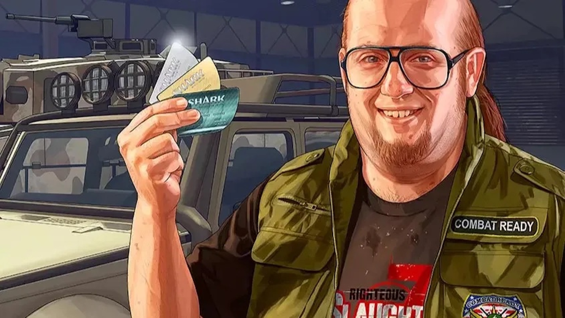 A man in a vest holding up three credit cards in 'GTA 6'
